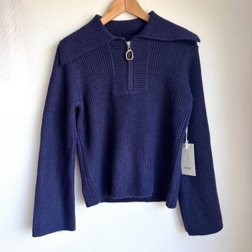NWT JOIE Navy Midnight Blue Ribbed Knit 1/4 Zip Collar Sweater Womens Small